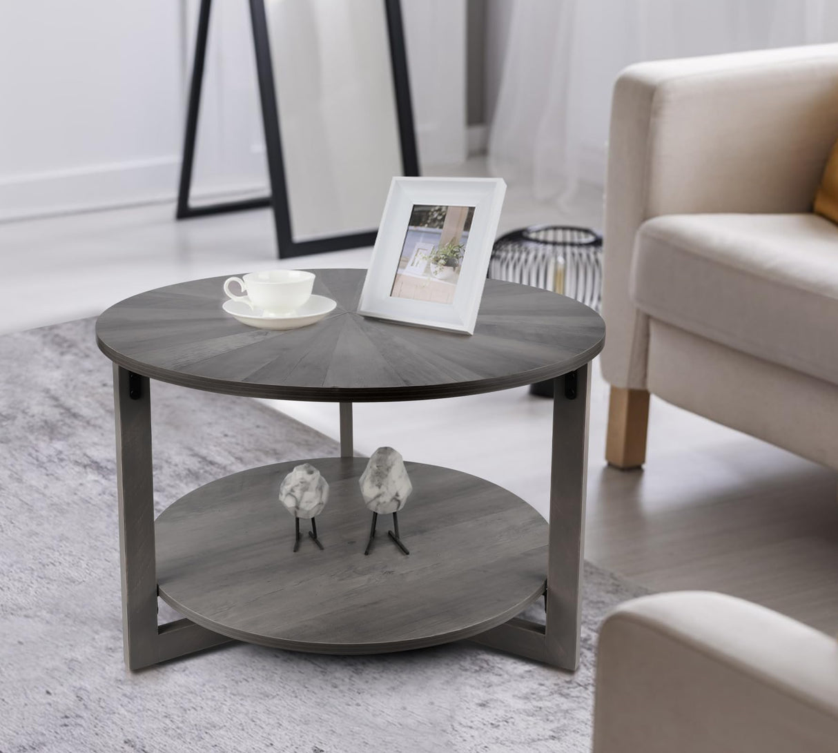 Round Coffee Table with Storage, Mid Century Modern Engineered Wood Coffee Table