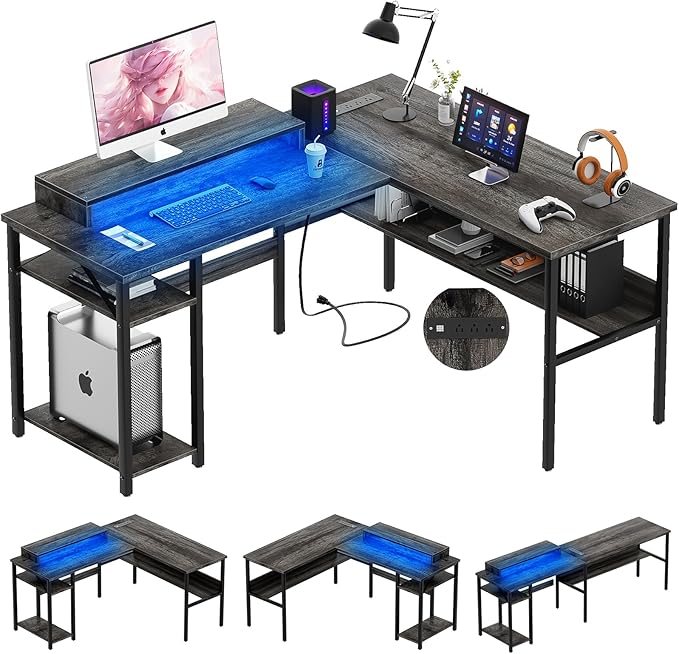 L Shaped Computer Desk with Magic Power Outlets and Smart LED Light