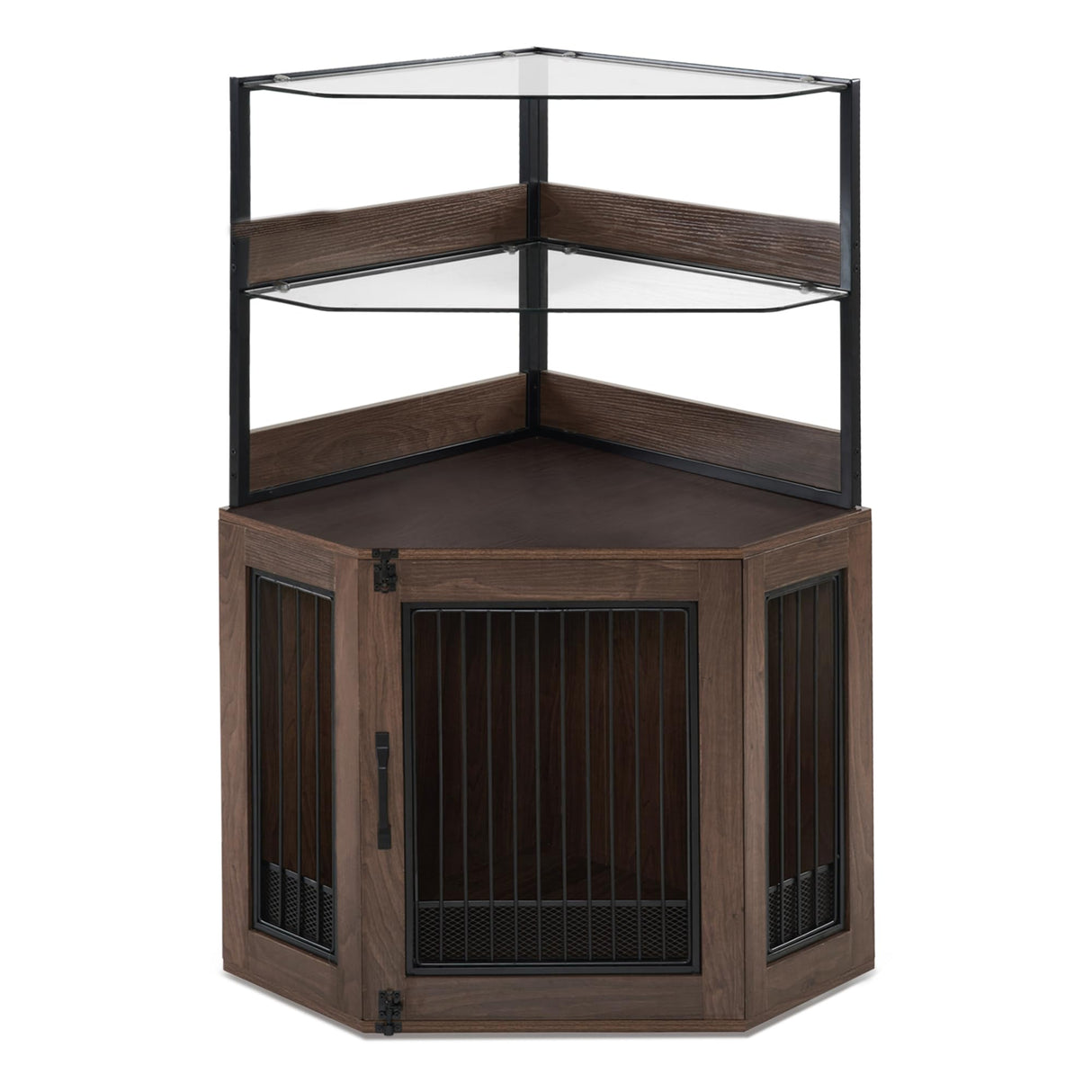 Small Corner Dog Crate Furniture with Glass Shelves