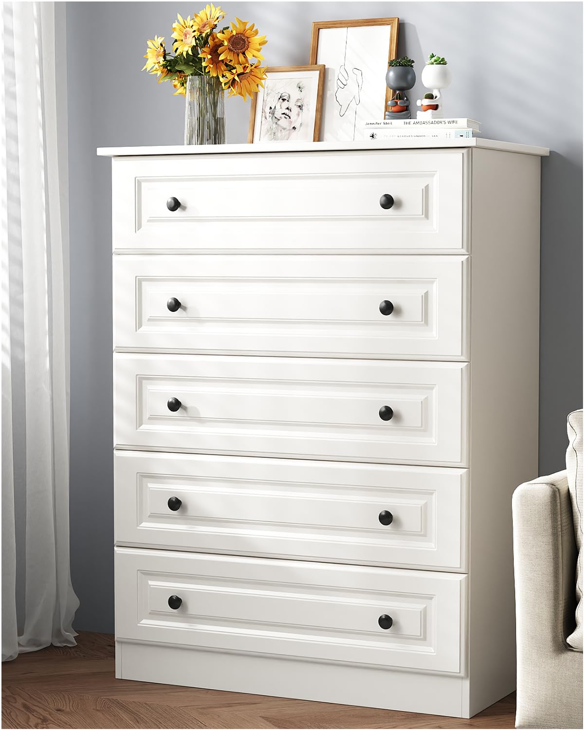 White 5-Drawer Tall Dresser with Wood Top, Modern Storage Tower for Bedroom, Closet, Living Room, Entryway, Hallway