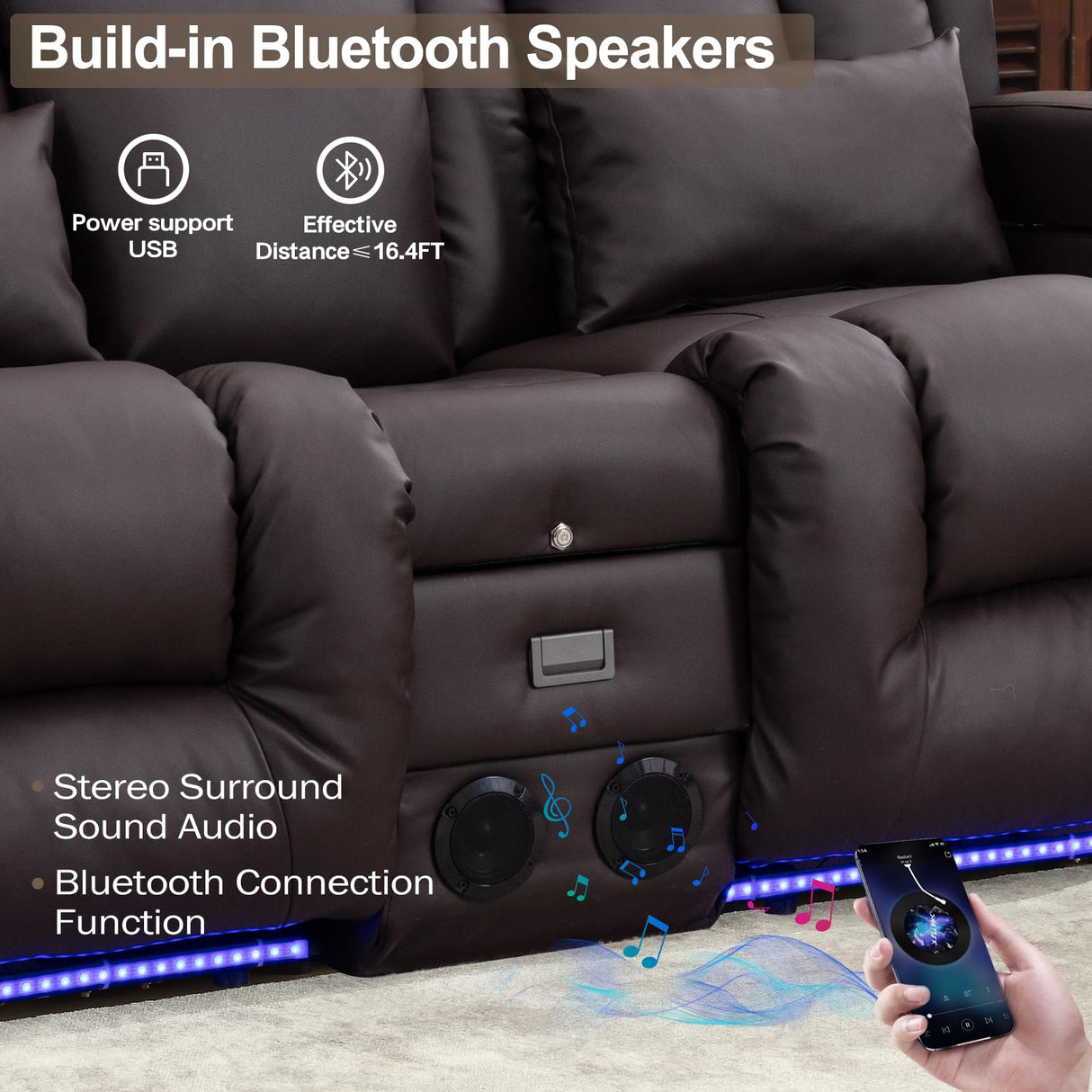 Home Theater Seating, Faux Leather Power Recliner Chair with Massage& Heat