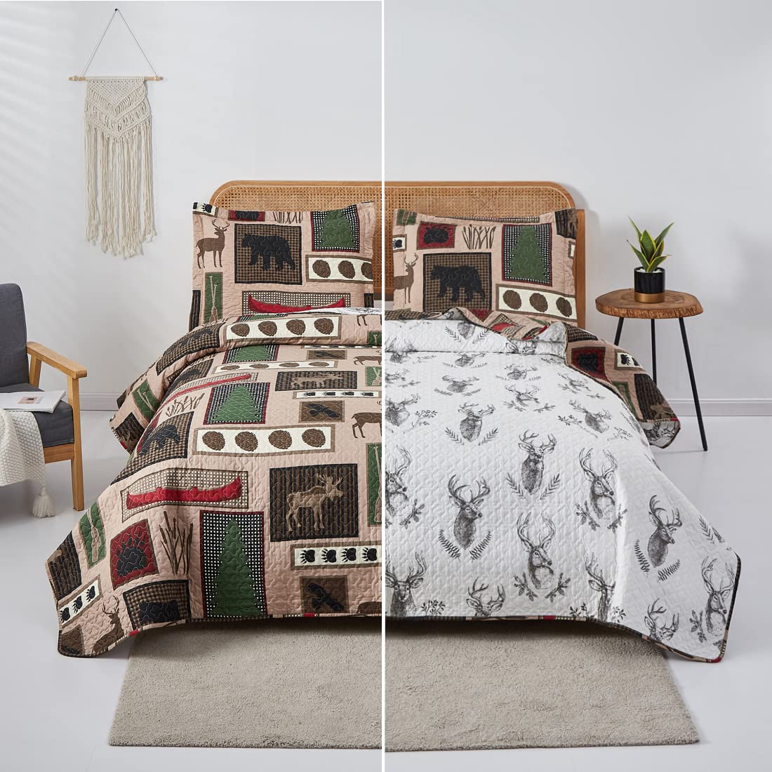 Home Rustic Bedding Lodge Moose Bear Quilt Set Full/Queen Size,3 Pcs Lightweight
