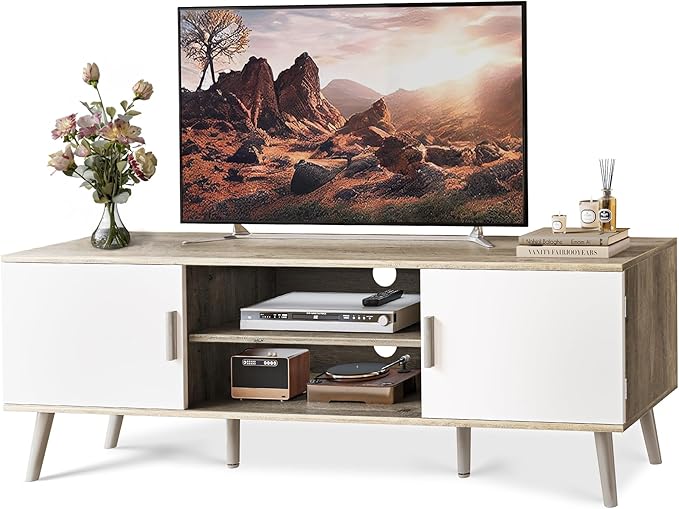 TV Stand for 55 Inch TV, Entertainment Center with Adjustable Shelf, 2 Cabinets