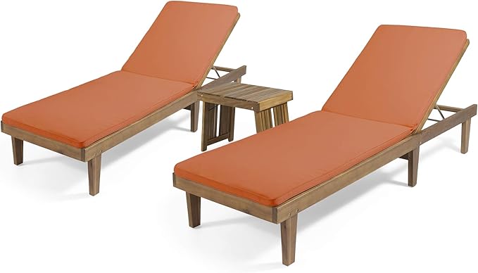 Garfield Outdoor Acacia Wood 3 Piece Chaise Lounge Set, Teak Finish, Blue