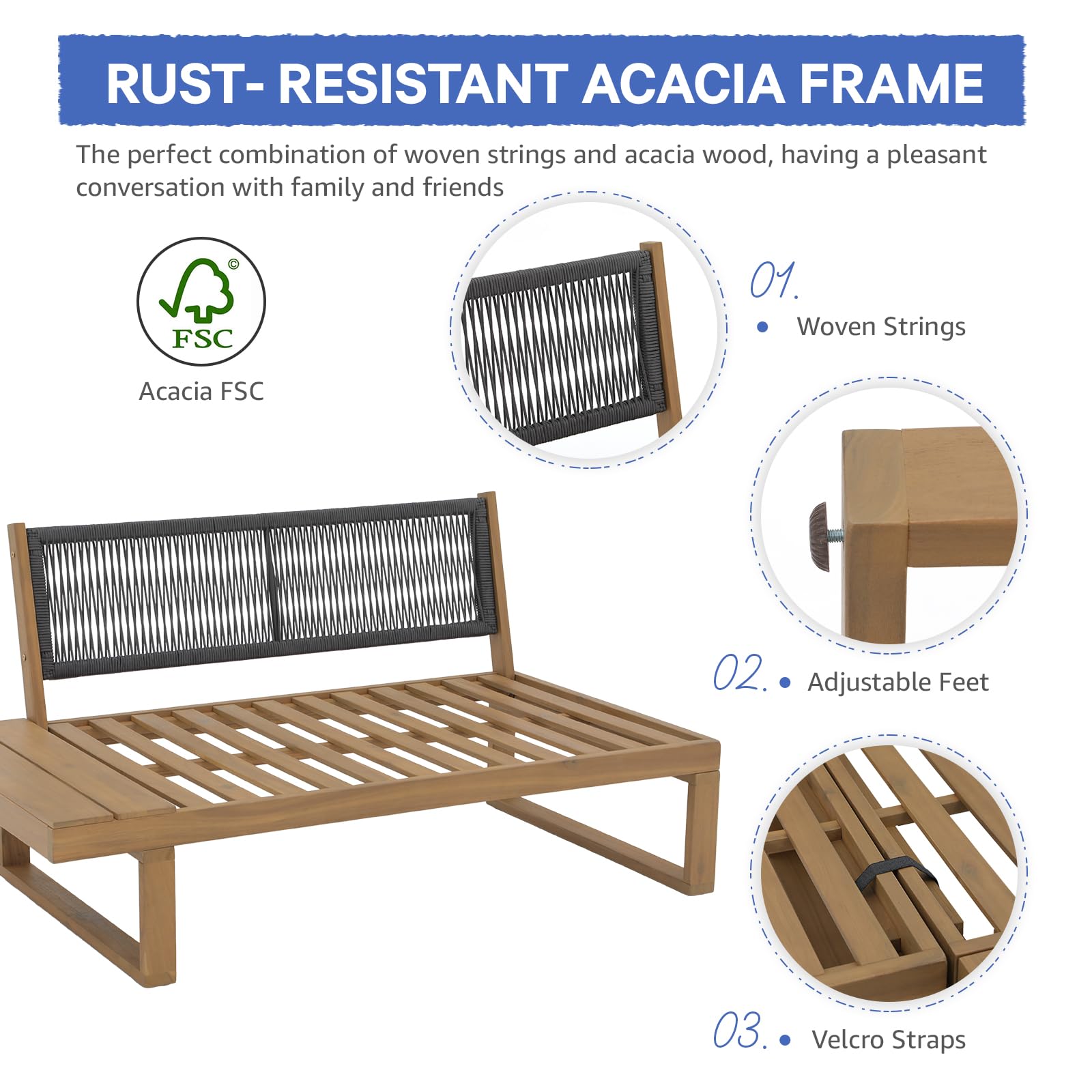 Acacia Wood Patio Furniture L-Shaped Outdoor Sectional Sofa Set with Coffee Table