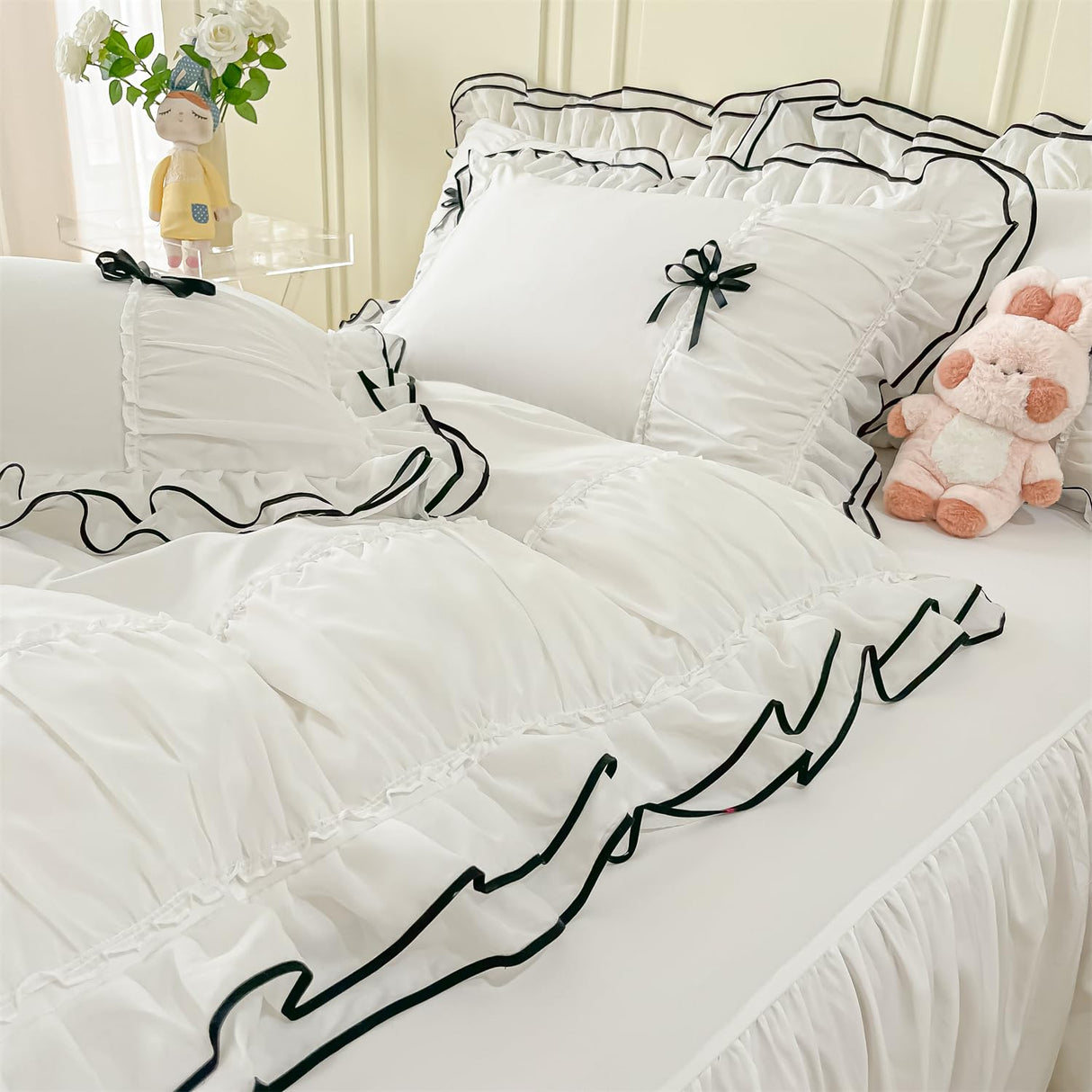 White Duvet Cover Full Size, Ruffle Beddding Set with Bowtie