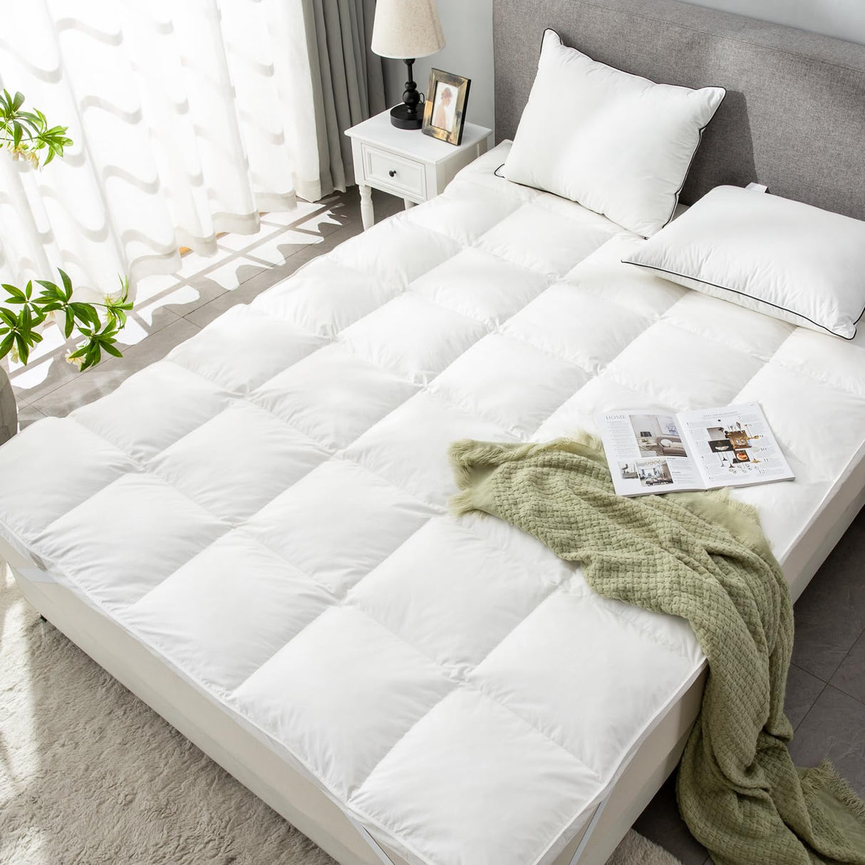 Down Feather Bed Mattress Topper,Down Matress Topper Cover with Straps