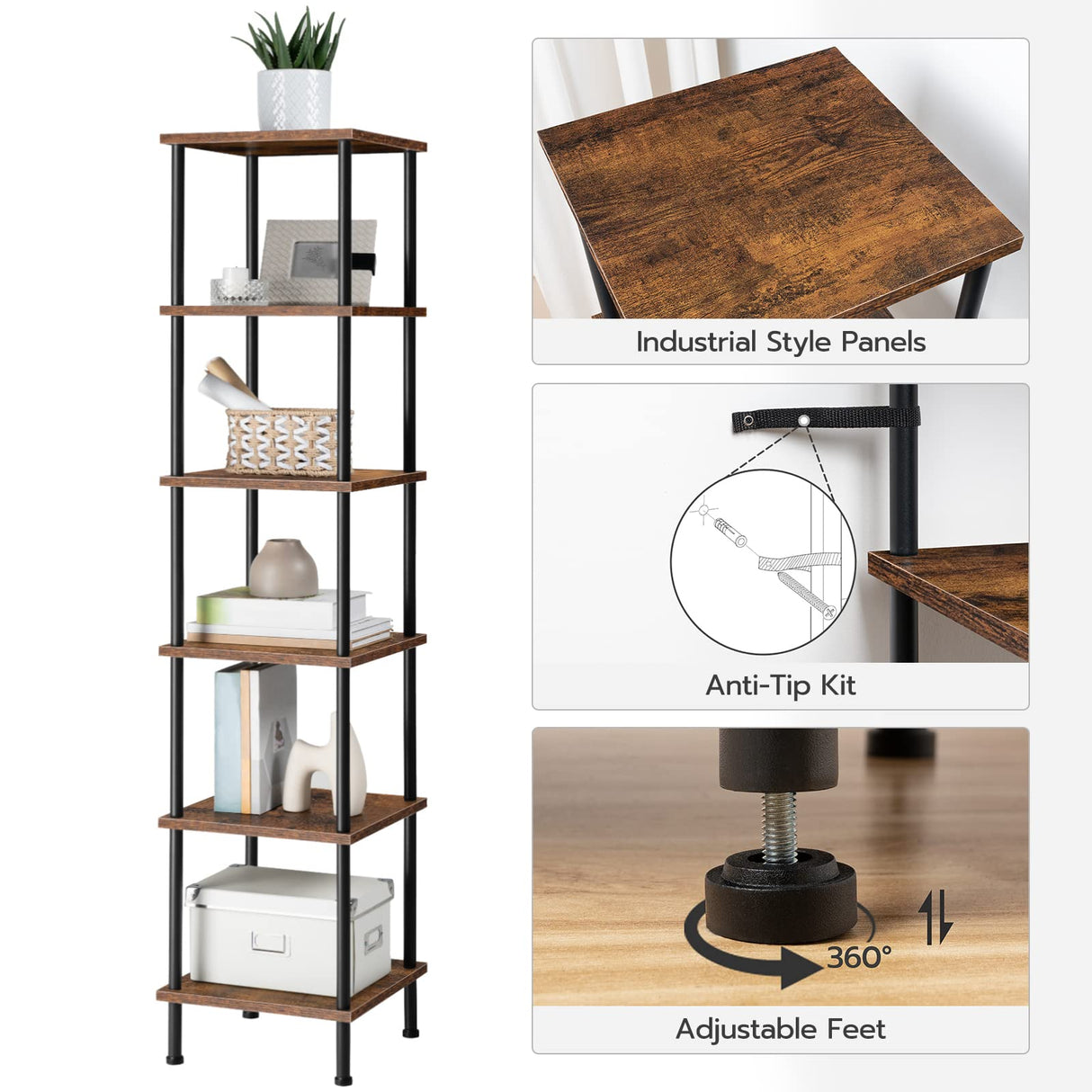 6-Tier Corner Shelf, Corner Square Rack Display Shelf, Tall Storage Rack Plant Stand, Corner Bookcase for Small Spaces, Living Room, Home Office, Kitchen, Rustic Brown and Black BF55CJ01