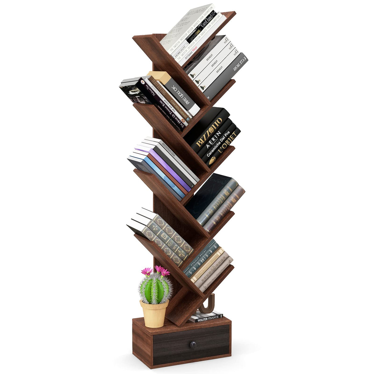 10-Tier Tree Bookshelf with Drawer - 59" Freestanding Space Saving Wooden Bookcase