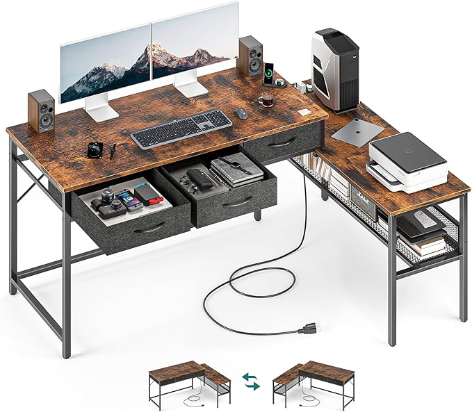 55" L Shaped Gaming Desk with Power Outlet, Reversible Computer Desk with Drawers, 40.5" Large Legroom Corner Gaming Desk, Unique Grid Design, Home Office Desks L-Shaped Gaming Table, Black