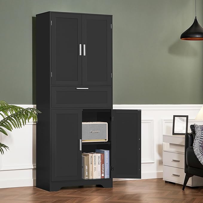 67" H Tall Rattan Storage Cabinet with 2 Adjustable Shelves & 1 Large Drawer, Pantry