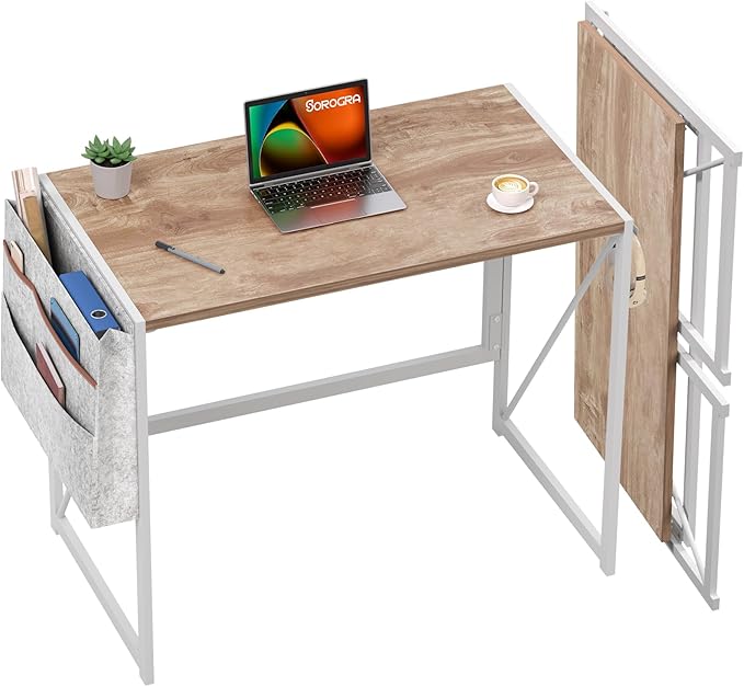 Small Folding Desk, 31.5 Inch Spaces Saving Foldable Table with Storage Pocket