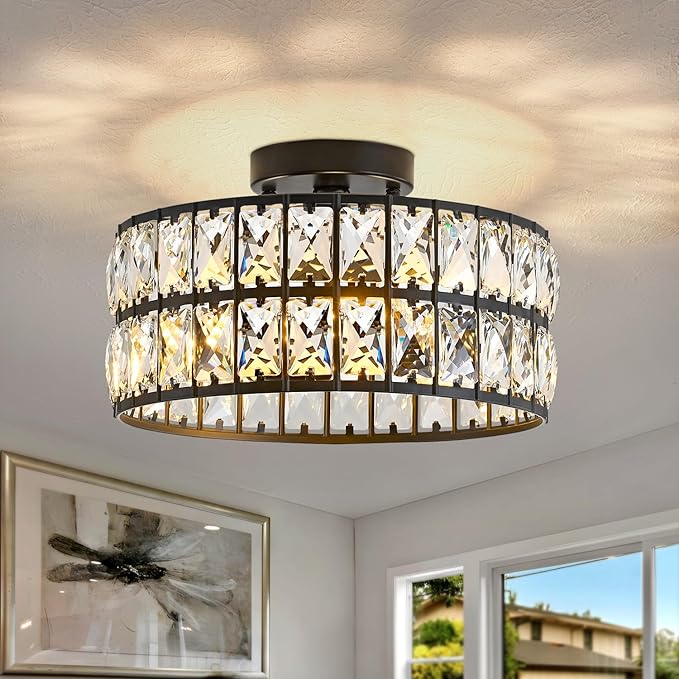 Modern Bedroom Light Fixtures Ceiling, 12.5" Round Drum Crystal Chandelier 3-Light