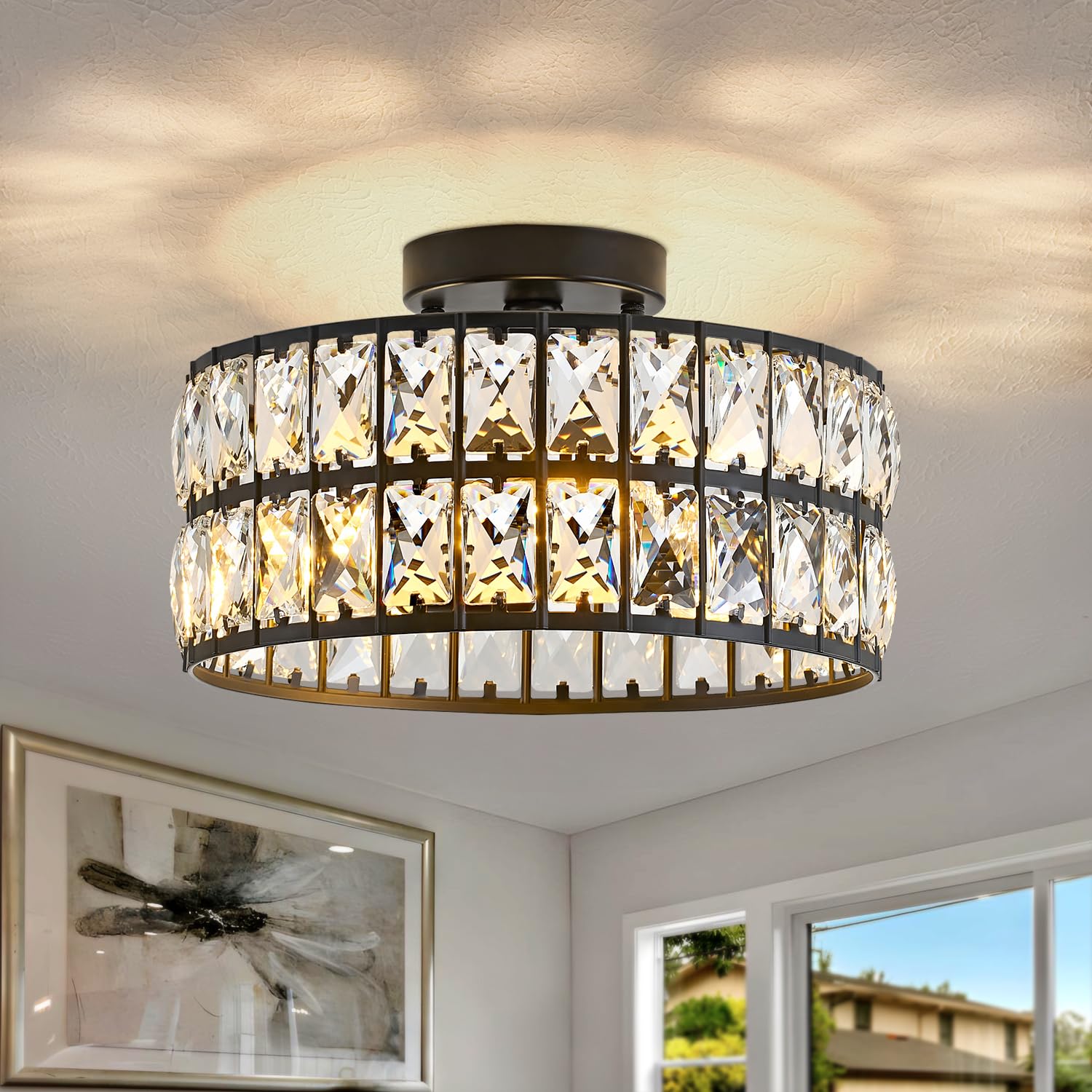 Modern Bedroom Light Fixtures Ceiling, 12.5" Round Drum Crystal Chandelier 3-Light