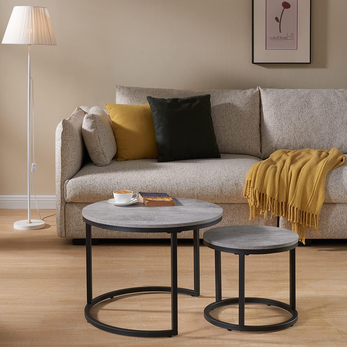 23.6-Inch Concrete Round Nesting Coffee Table for Living Room, Modern Industrial Style