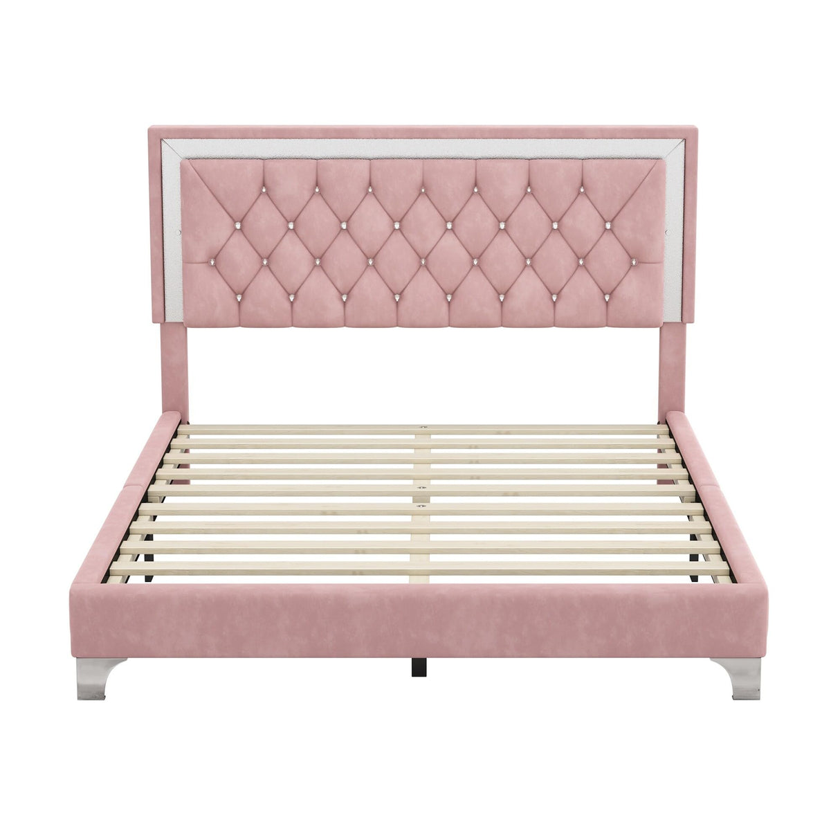 Queen Size Upholstered Bed Frame with LED Lights,Modern Velvet Platform Bed