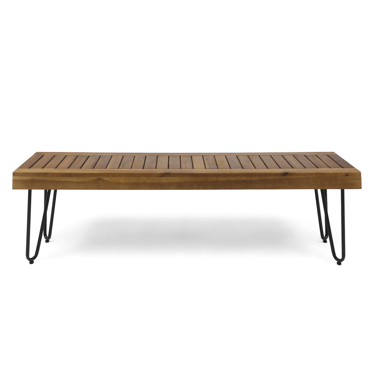Abbet Outdoor Industrial Wood Bench, Teak/Black Metal