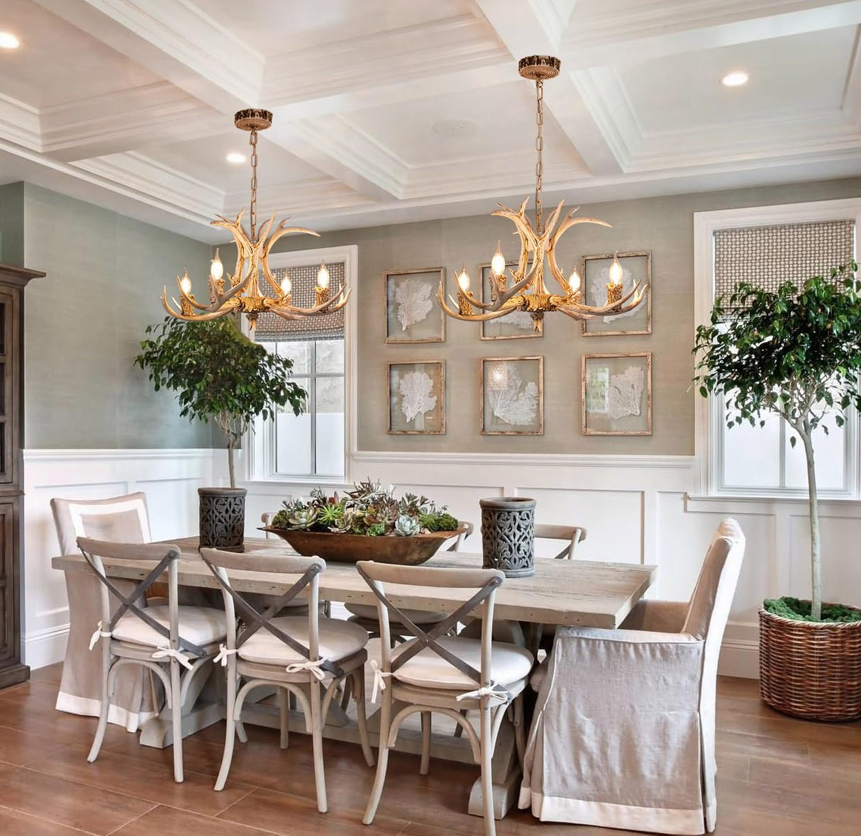 Vimatto Rustic Antler Chandelier 4-Light 25inch Old White Farmhouse Art Deco Antler Light Fixture for Dining Room, Kitchen Island & Living Room(White 4 Lights)