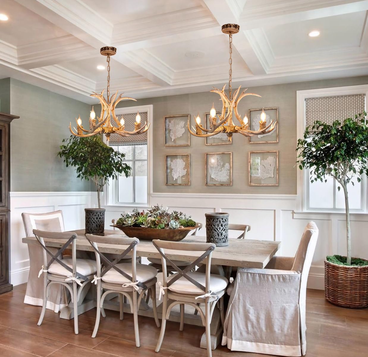 Vimatto Rustic Antler Chandelier 4-Light 25inch Old White Farmhouse Art Deco Antler Light Fixture for Dining Room, Kitchen Island & Living Room(White 4 Lights)