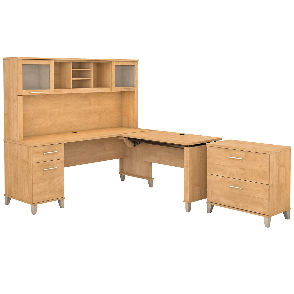 Somerset 72W 3 Position Sit to Stand L Shaped Desk with Hutch and File Cabinet in Maple Cross