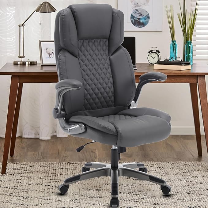 Brown Leather Office Chair with Flip up Arms, High Back Ergonomic Executive Office