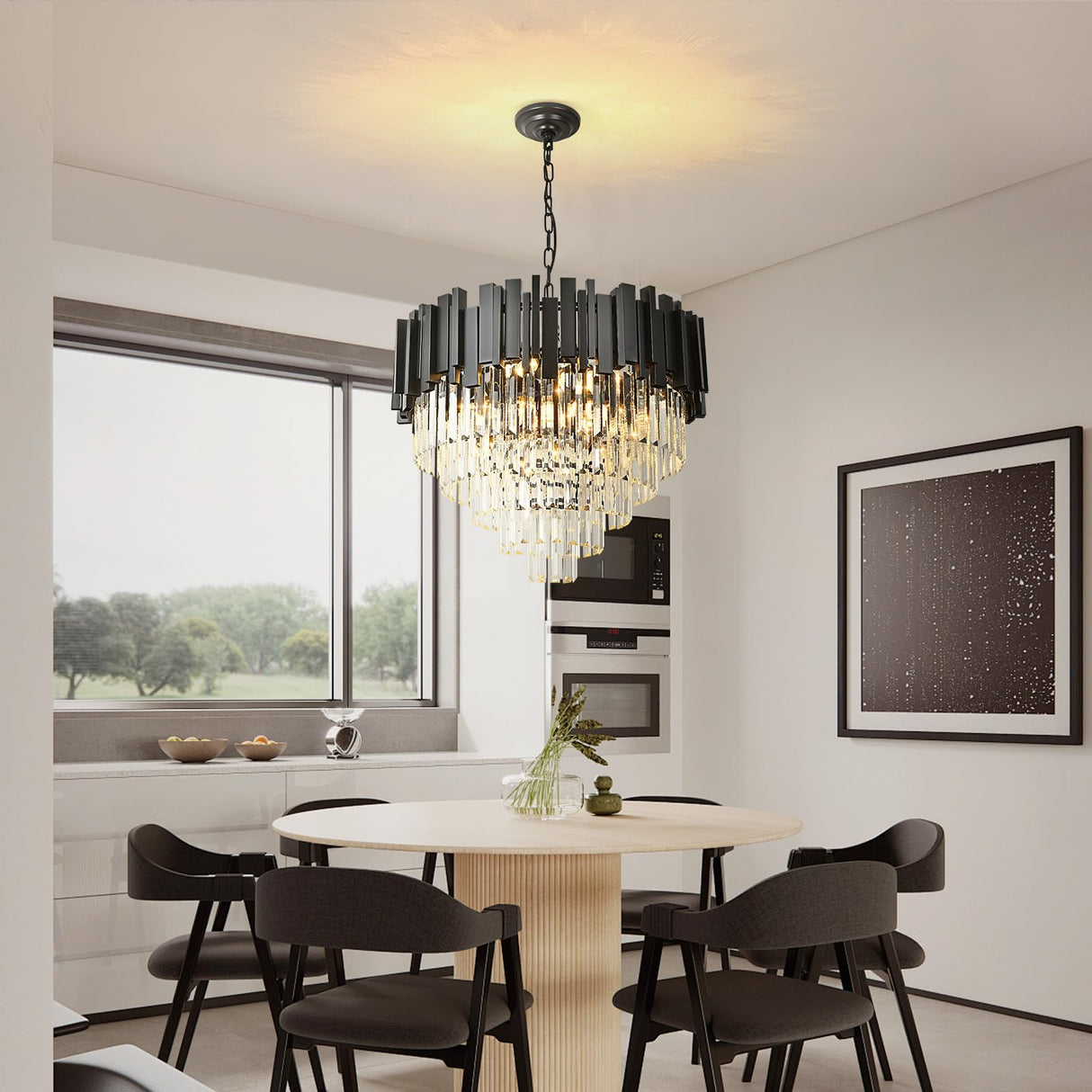 Crystal Chandelier Black Pendant Light Fixtures, Round Crystal Pendant Lighting for Living