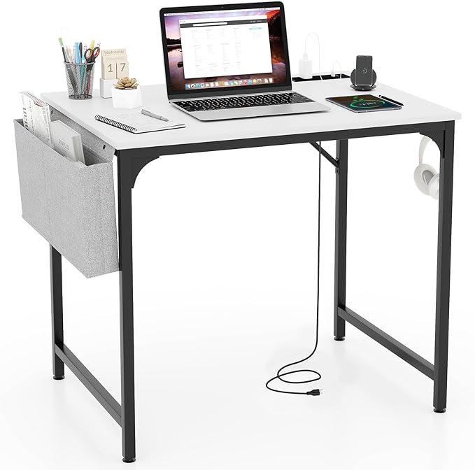 Home Office Desk, 32 Inch Computer Desk with Recessed Power Strip, Storage Bag & Headphone Hook