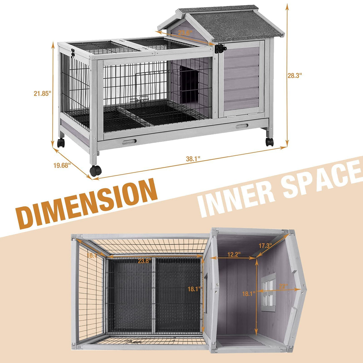 Rabbit Hutch Indoor Outdoor Rabbit Cage Bunny Cage with Run,No Leak Pull Out Tray