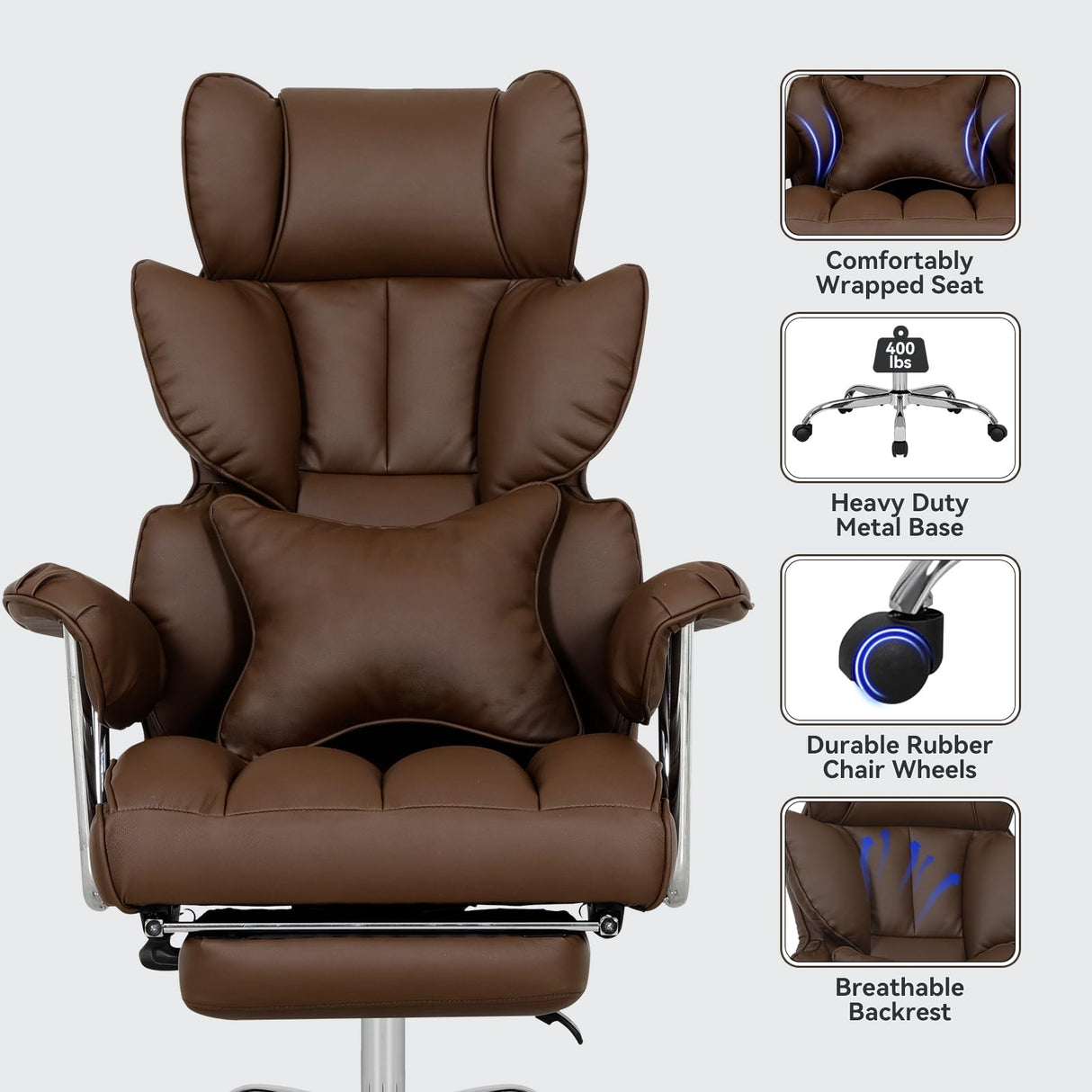 Big and Tall Office Chair 400lbs PU Leather Computer Chair with Footrest and Lumbar Support Executive Chair Swivel Chair Desk Chair Adjustable Height & Reclining Backrest Brown