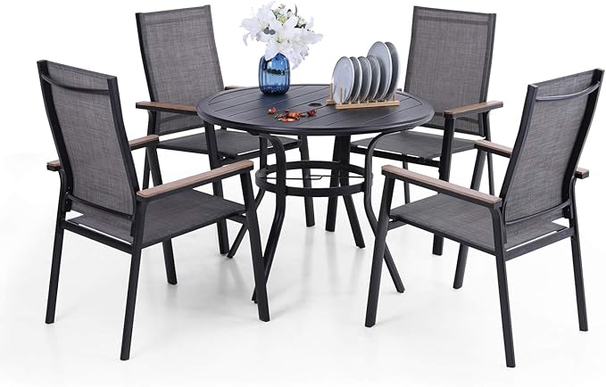 5 PCS Patio Dining Set, Round Metal Steel Dining Table with 1.57" Umbrella Hole