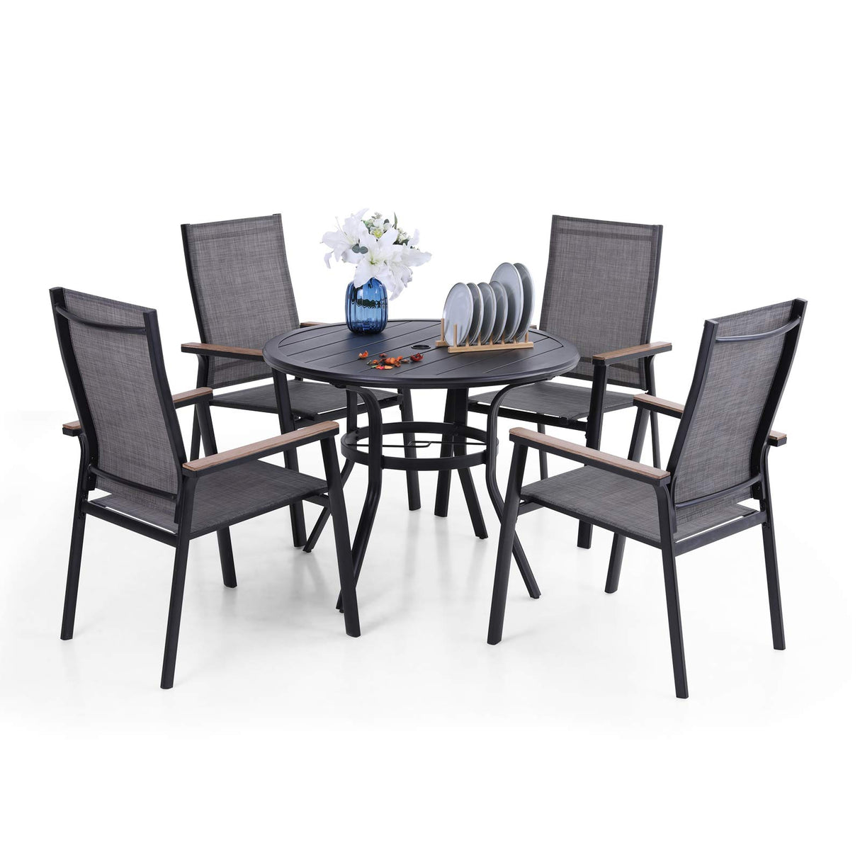 5 PCS Patio Dining Set, Round Metal Steel Dining Table with 1.57" Umbrella Hole