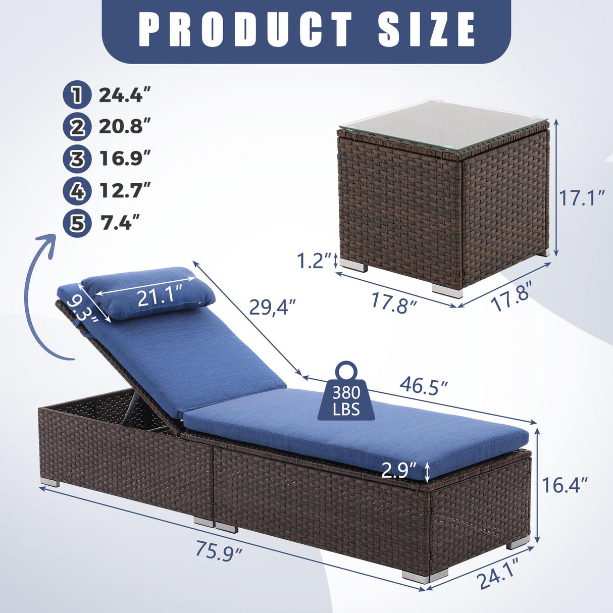 Outdoor Patio Chaise Lounge Chairs, 5-Level Adjustable Rattan Pool Lounger, All Weather Lounge Chair with Coffee Table & Thicken Cushion, for Patio, Backyard, Porch, Garden, Beach, Poolside (3 Pcs)