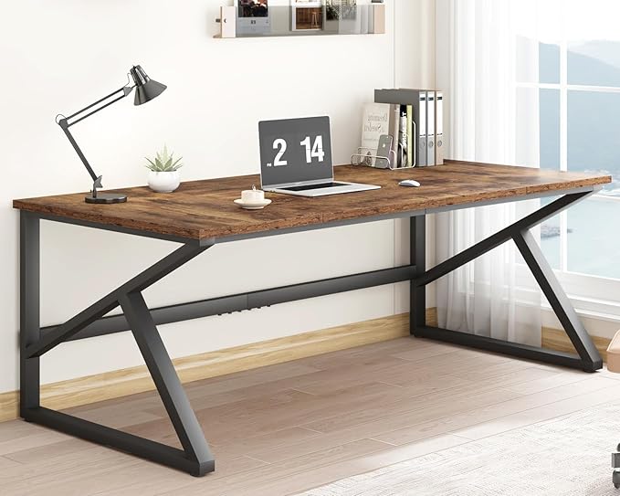 Long Desks for Home Office, Large Metal Wooden Computer Desk for 2 Monitors