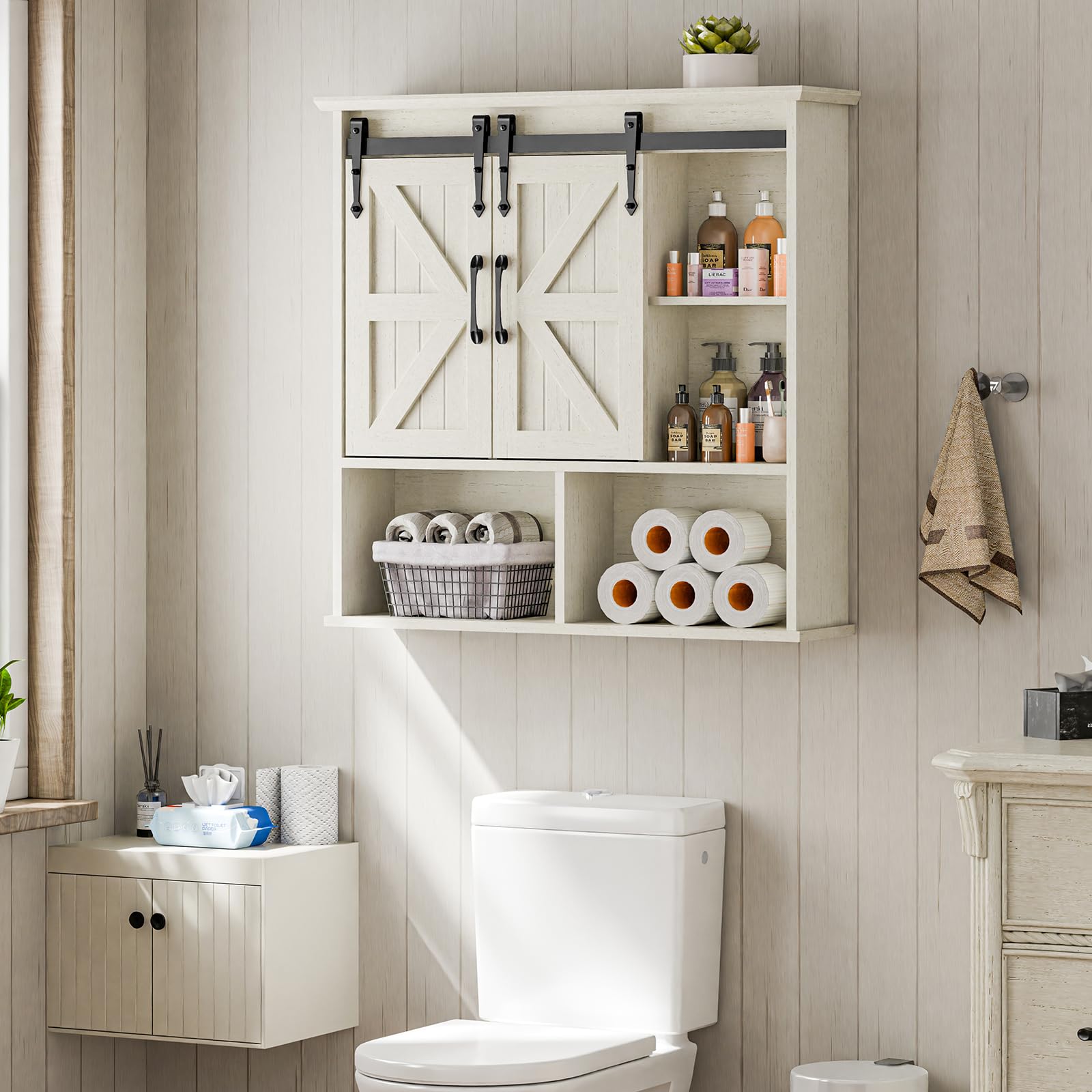 Bathroom Wall Cabinet, Farmhouse Medicine Cabinet with Double Sliding Barn Door and Adjustable Shelves, Wooden Vintage Storage Cabinet Wall Mounted for Bathroom, Kitchen Dining, White