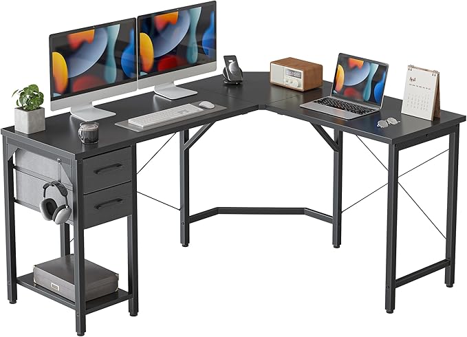 L Shaped Computer Workstation with Storage Drawers and Bookshelves