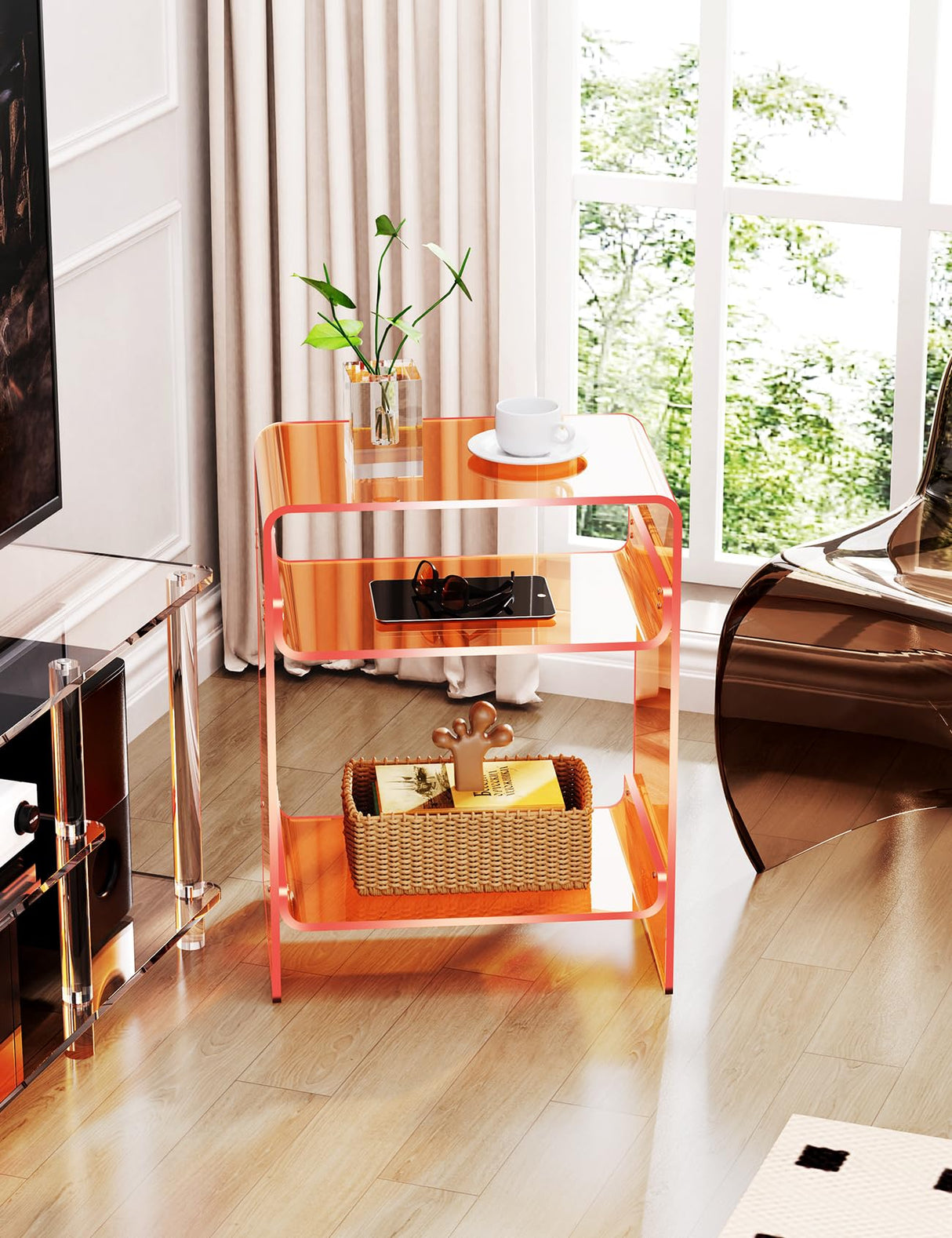 Storage Shelf, Clear Side Table Nightstand (Orange)