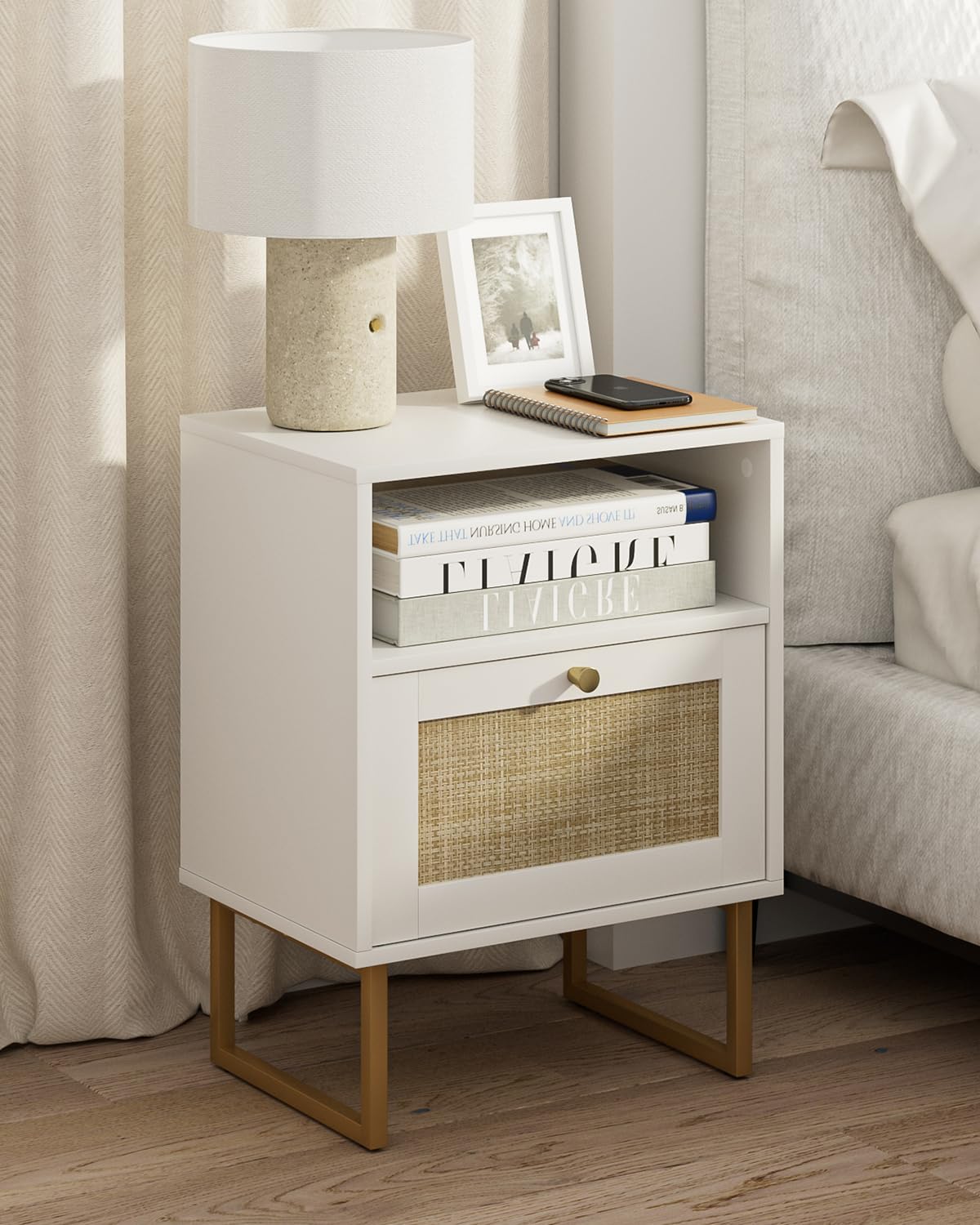 Rattan Nightstand,Modern Boho Farmhouse Wood Bedside Table
