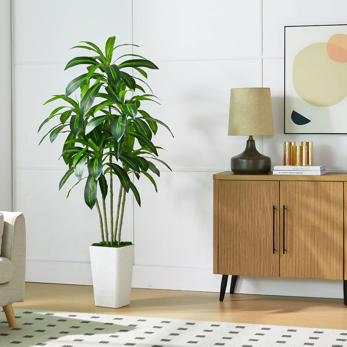 Dracaena Tree Artificial Silk Tree Faux Tree with White Tall Planter Fake Tropical Yucca