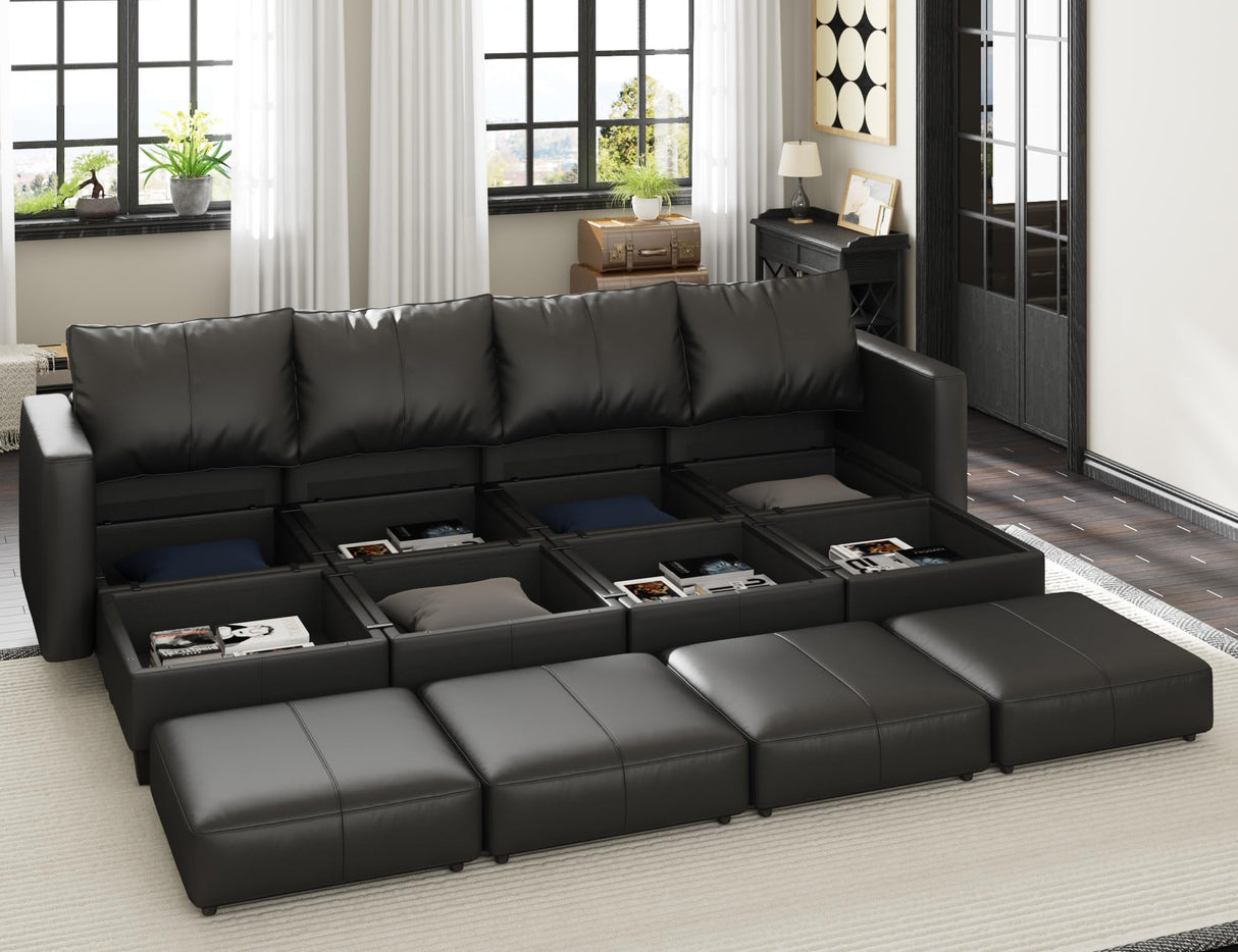 Faux Leather Sectional Sofa with Storage Ottomans, Modular Sofa Sectional