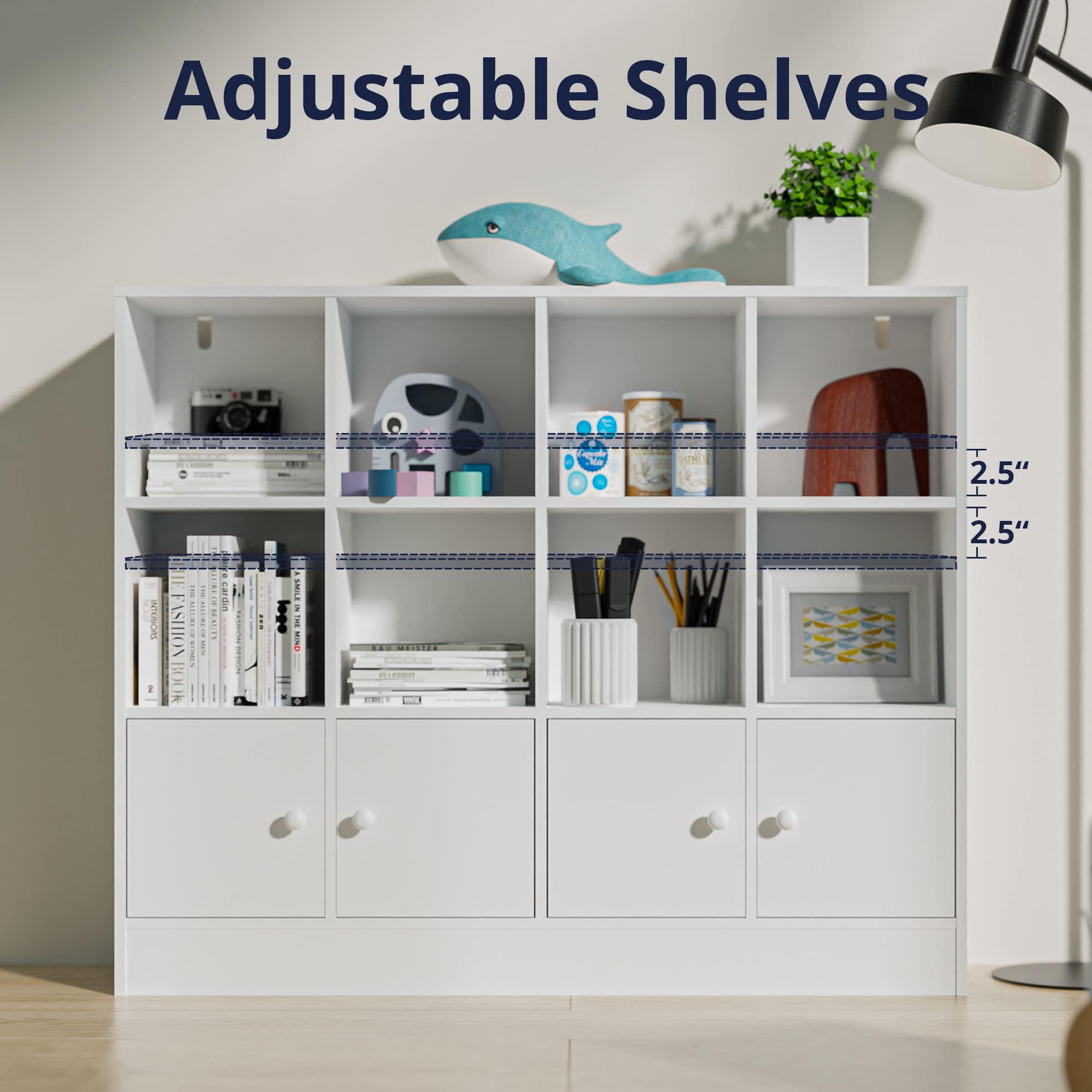 3 Tier Bookshelf, 12 Cube Storage Organizer Shelf with 4 Doors