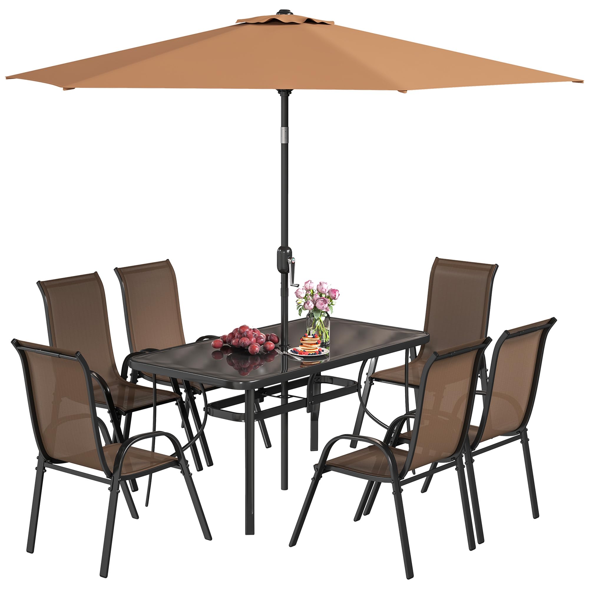 8 Pieces Patio Table and Chairs Set with 9 Ft Patio Umbrella, Outdoor Dining Set