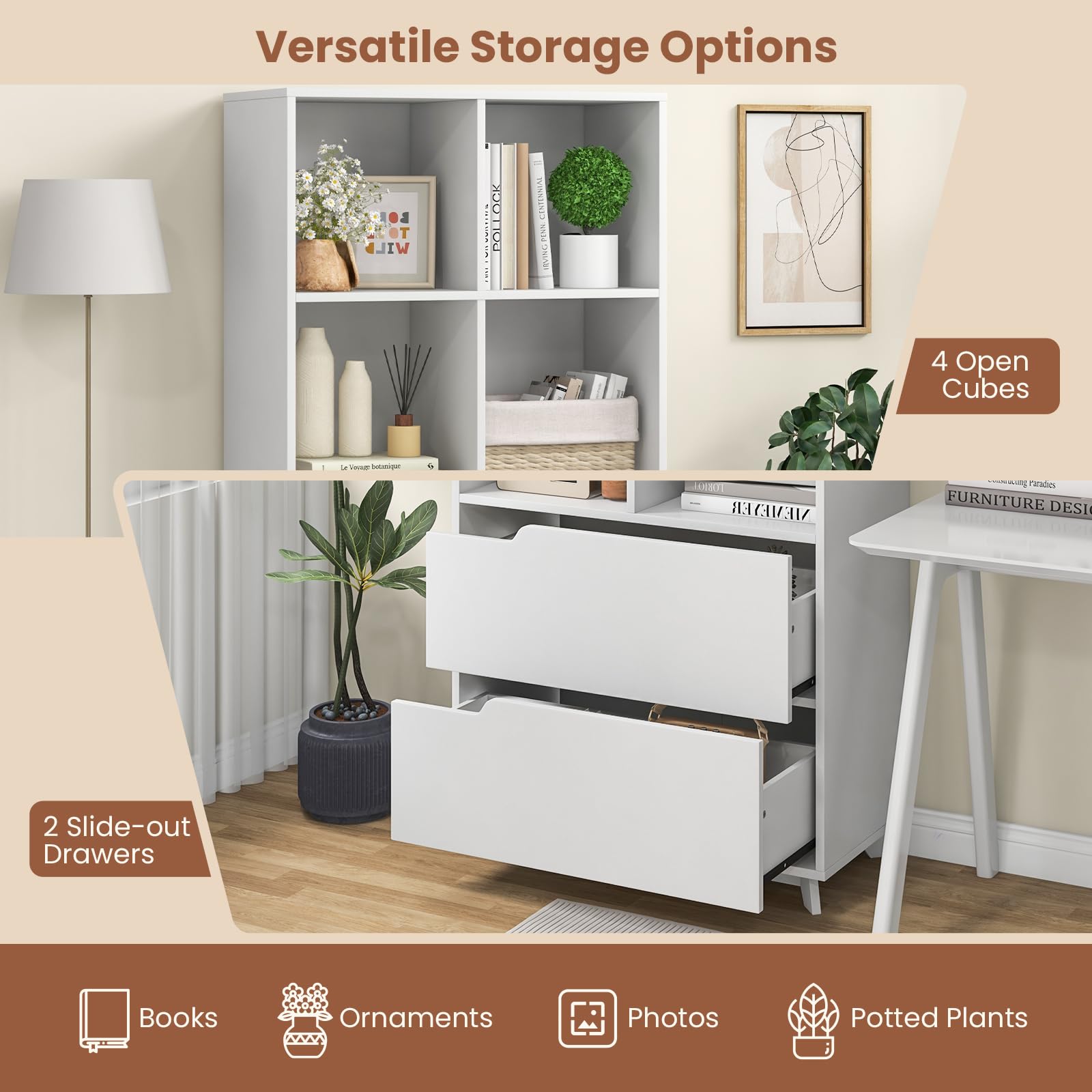 51" Tall Bookcase with 2 Drawers, 4-Tier Open Bookshelf