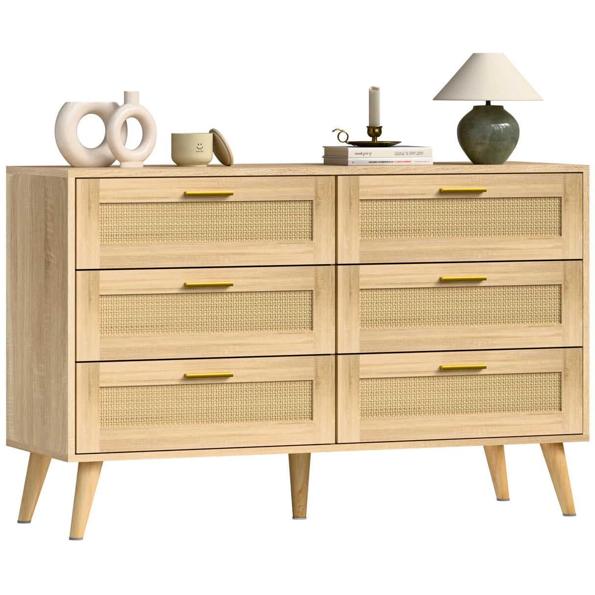 6 Drawer Dresser for Bedroom, Wooden Rattan Dresser, Boho Dresser Modern