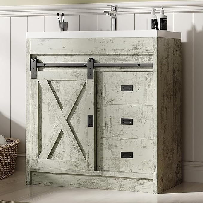 Farmhouse Bathroom Vanity with Sink, White Bathroom Vanity Cabinet with 3 Drawers