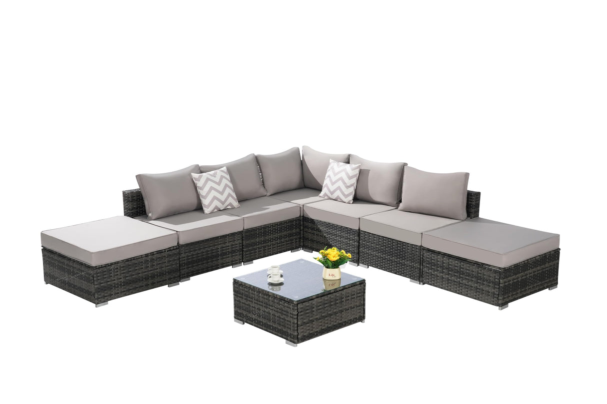8-Piece Outdoor Patio Sectional Sofa Set with Glass Coffee Table - Light Gray Rattan