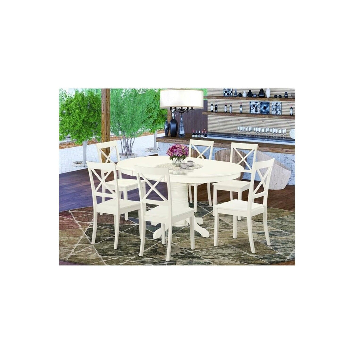 Dining Set with a Kitchen Table and 6 Wood Seat Kitchen Chairs in Linen White, Modern