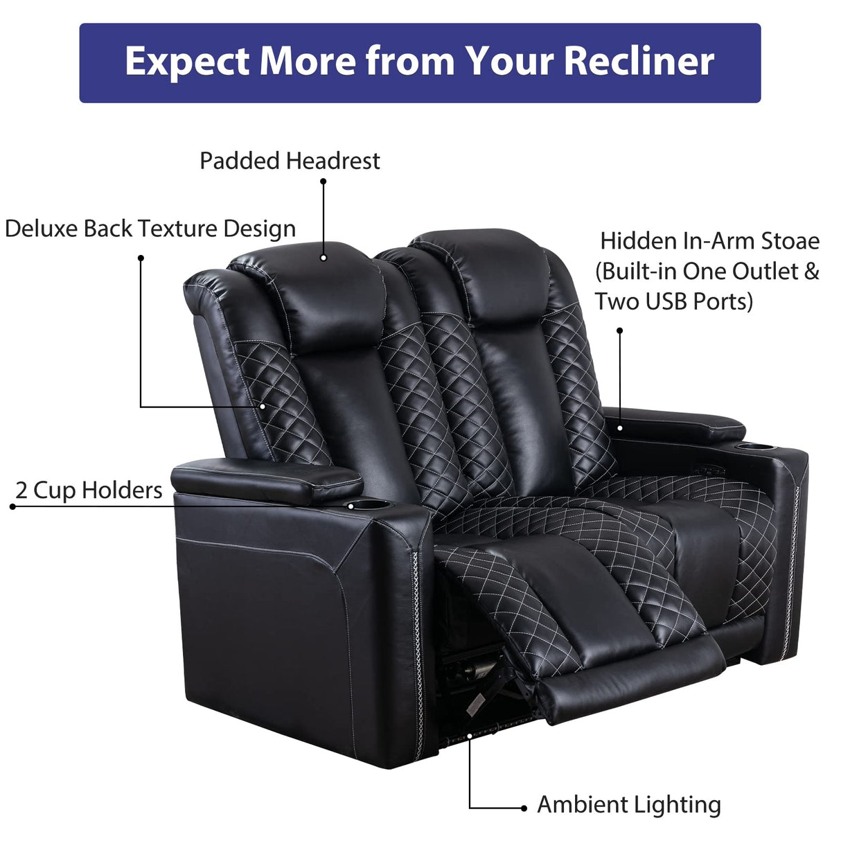Home Theater Seating, Electric Power Recliner with USB Ports and Cup Holders