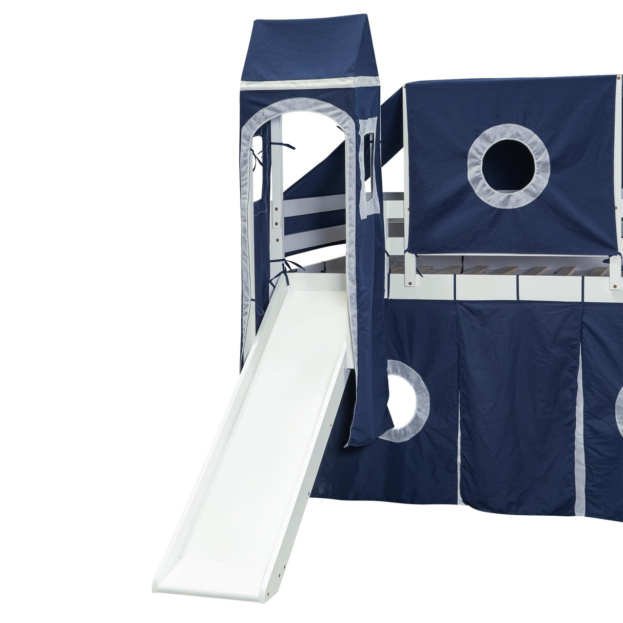 Designs House Loft Bed with Slide and Storage Stairs, Wood Kids Loft Bed with Tent and Tower