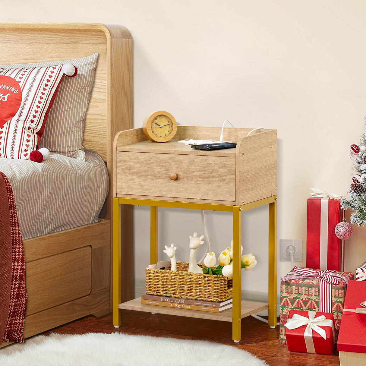 Nightstand with Charging Station and USB Ports, Natural Night Stand