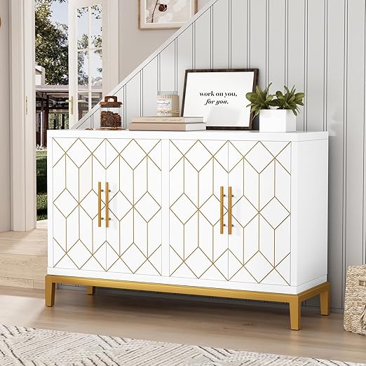 Sideboard Buffet Cabinet with 4 Doors&Shelves, Carved Decorative Accent Storage